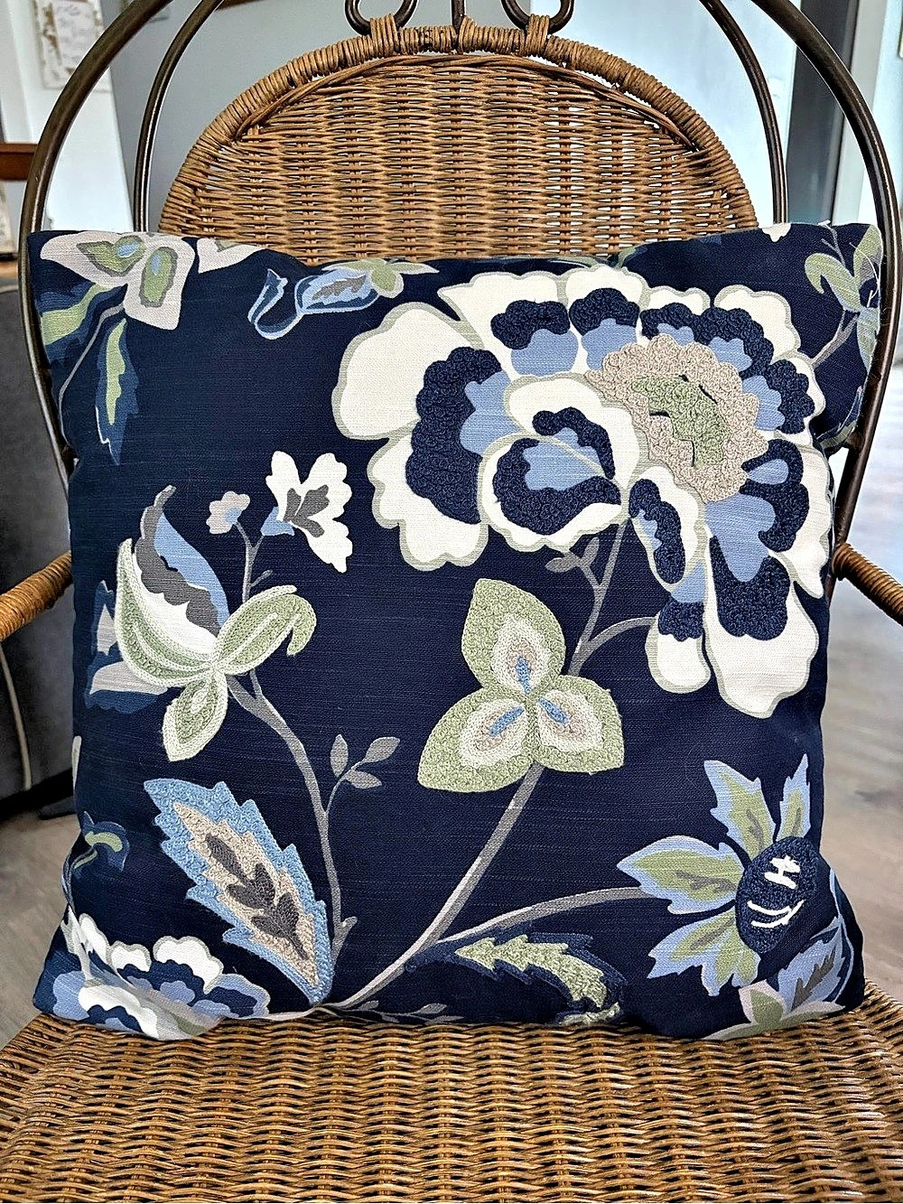 Embroidered Throw Pillow with Blue & Green Accents 18”x18”